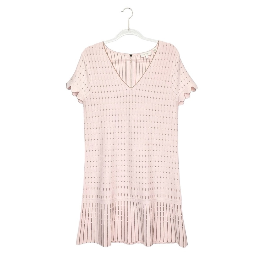 Ted Baker Maciiey Sweater Dress Soft Pink & Gold Size 8 Dropped Waist Mini EUC